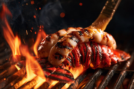 lobster tail searing over hot charcoal flames