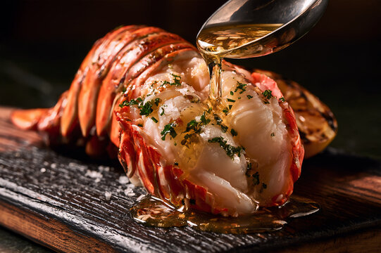 grilled lobster tail split open and basted with garlic herb butter