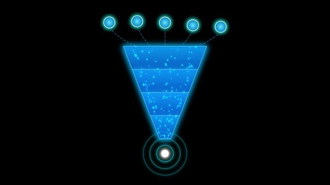 Digital sales marketing funnel conversion chart with glowing blue particle data streams