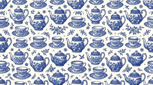 Vintage Blue and White Tea Set Pattern: A seamless pattern featuring delicate blue and white teapots, teacups, and saucers with floral accents in a classic Chinoiserie style.