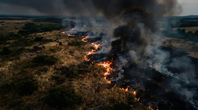 Wildfire Spreading Across Vegetation Area with Dark Smoke Clouds