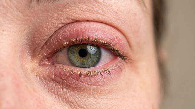 Macro Close-Up of Inflamed Eyelid with Blepharitis Symptoms and Crusty Lashes