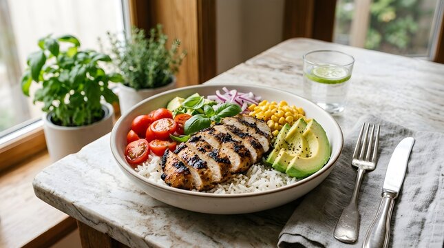 Grilled Chicken with Vegetables and Rice on a Marble Table