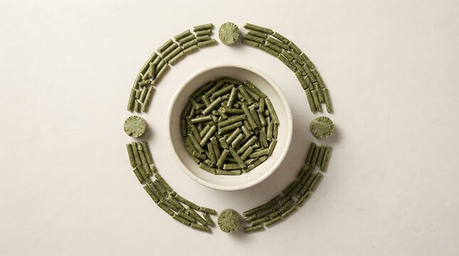 An overhead view of high quality alfalfa pellet feed arranged in a circular pattern on a clean neutral white background