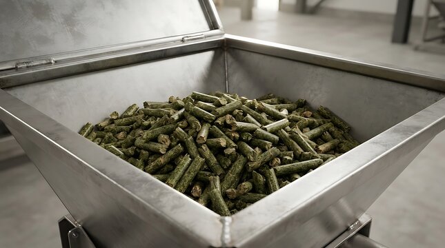 A close-up view of fresh green alfalfa pellet feed stored inside a large stainless steel industrial machine hopper