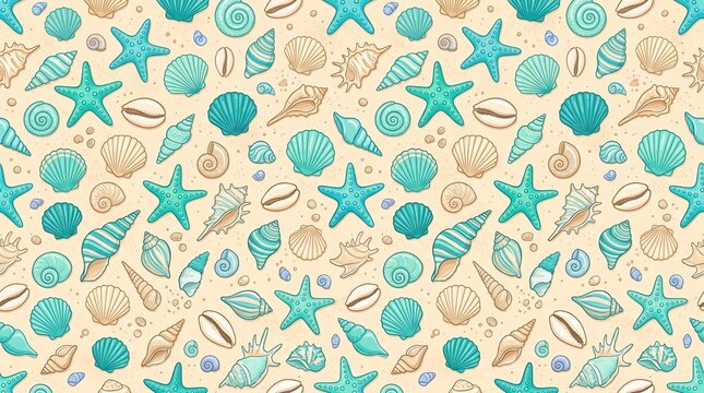 Summer Seashell Pattern: A charming seamless pattern featuring a vibrant assortment of seashells and starfish in refreshing shades of turquoise and beige.
