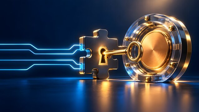 Digital Security Concept Featuring Golden Key and Puzzle Lock