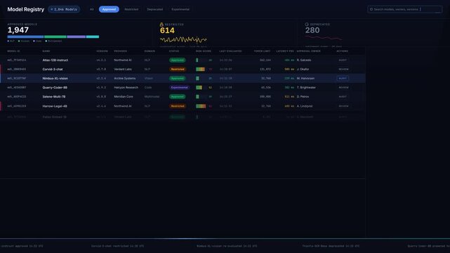 Explore the sleek dark-mode Enterprise Model Registry Dashboard featuring detailed statistics and a modern design with vibrant accents and smooth animations.