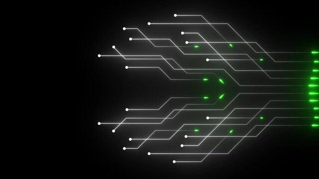 Digital circuit board animation with glowing green data flow lines on black background, technology