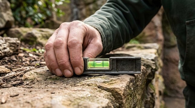 Close up of worker hand checking stone wall level with spirit tool outdoors
