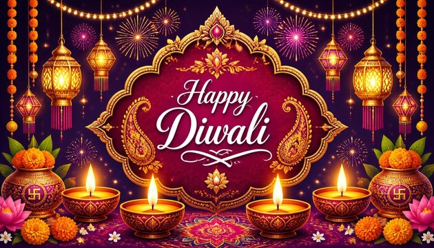 Happy Diwali Luxury Banner with Ornate Paisley Frame and Group of Clay Diyas