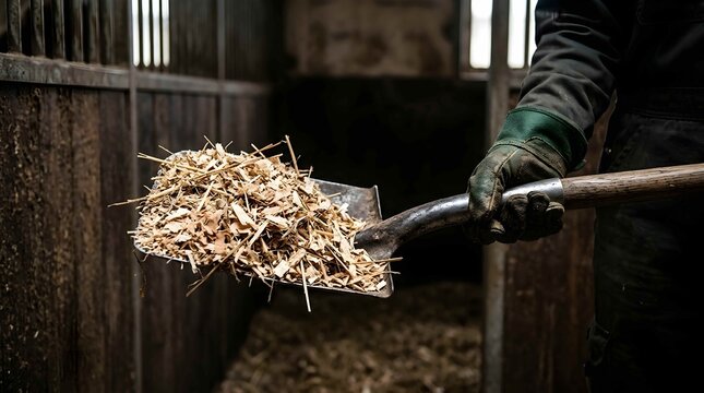 Farm worker holding a metal shovel filled with dry wood shavings inside a stable