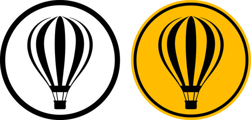 Hot air balloon travel icons in black and white and yellow circular badge design with adventure © Moshiur