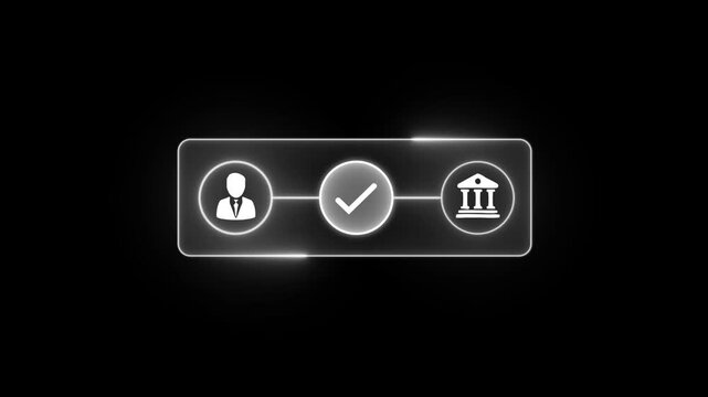 Digital banking process flow infographic with glowing user and bank on black background, finance