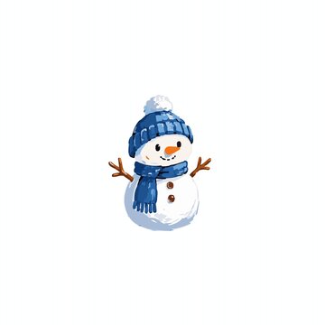 A cheerful snowman wears a blue hat