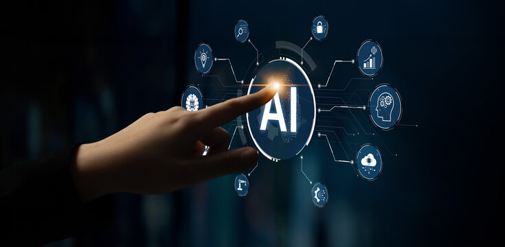 A concept of a multifunctional AI platform. This central intelligence hub powers various business operations, including automation, security, data analysis, and innovation. Fermion