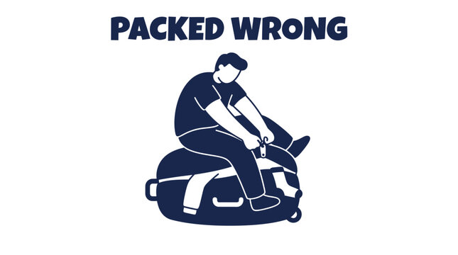 Flat vector illustration of a frustrated man sitting on an overstuffed suitcase trying to zip it closed with the text Packed Wrong, conceptualizing travel overpacking and luggage problems.