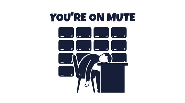 Exhausted Employee Sleeping at Desk During Boring Video Conference Call with Muted Icons Background and You Are on Mute Text, Concept of Zoom Fatigue, Remote Work Burnout and Online Meeting Stress