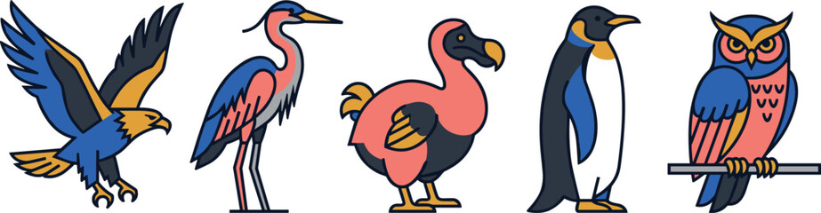 Modern Wild Birds Vector Illustration Set with Flying Eagle Heron Dodo Penguin and Owl Elements for Creative Graphic Design Templates © Borsha