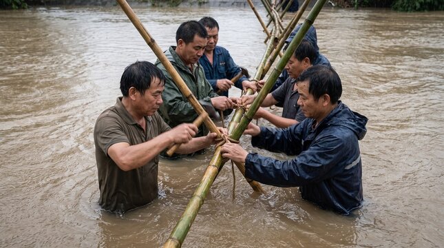 Resilient Asian men standing waist-deep in murky floodwaters during monsoon rain, working collaboratively to build a temporary bamboo bridge by tying ropes and hammering joints for disaster relief