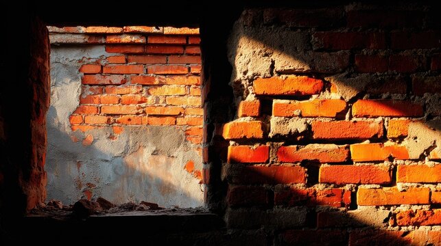 Close-up of a crumbling brick wall with textured surfaces and dramatic sunlight and shadow interplay
