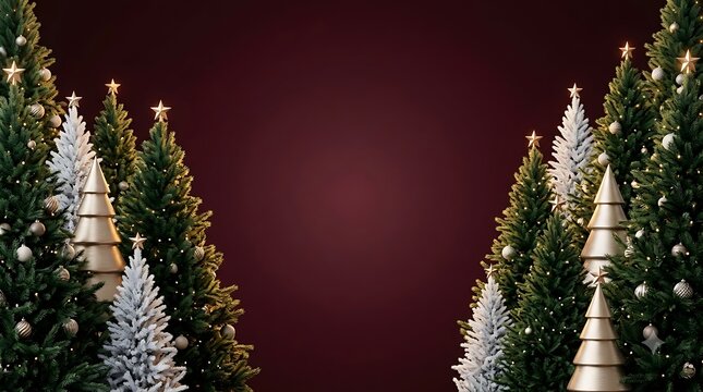 Festive christmas background with decorated green and white pine trees framing a deep red copy space