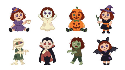 Fototapeta premium Halloween Haunted House Cartoon Flat Vector Illustration Set with Ghosts and Pumpkins