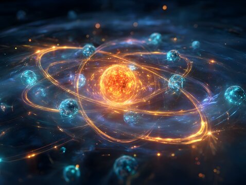 Abstract quantum atomic structure model with glowing energy nucleus and orbiting electrons in dark space background.