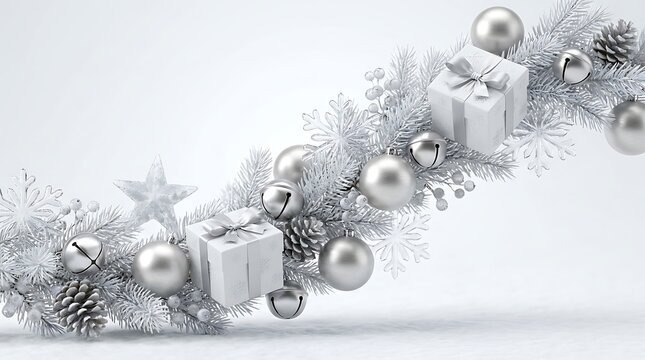 Elegant christmas garland with silver ornaments and white gift boxes isolated on a clean white background