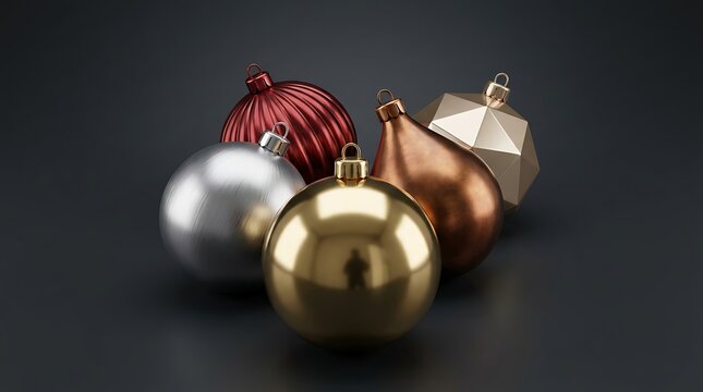 A collection of festive christmas ornaments in gold silver red and bronze colors on a dark background