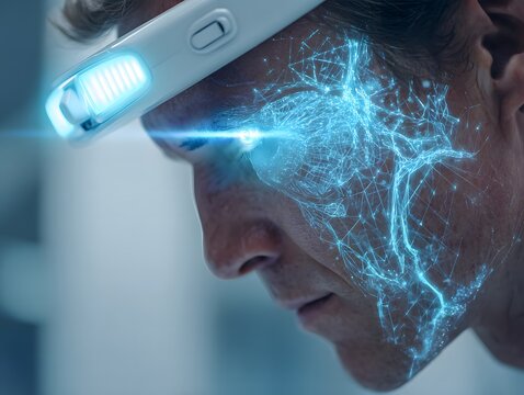 Man wearing futuristic digital visor with virtual neural network overlay on face representing cybernetic technology.