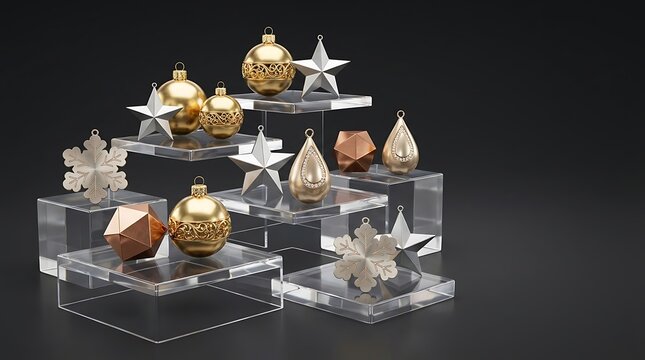 Collection of decorative christmas ornaments and festive holiday baubles displayed on clear glass pedestals against a dark background