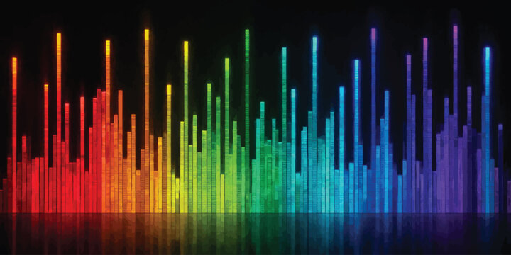 Rainbow colored vertical light bars forming a digital bar graph sound equalizer display with rainbow colors audio levels spectrum analyzer neon lighting music visualizer data visualization