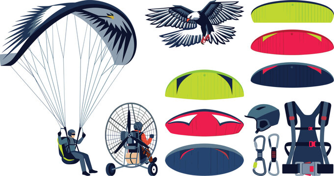 Paramotor and Powered Paragliding Vector Set with Eagle Wings Canopy Designs, Paramotor Trike, Safety Harness, Helmet, and Carabiner Equipment Icons