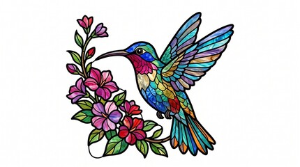 Fototapeta premium Stained Glass Hummingbird and Flowers: A vibrant hummingbird rendered in a stained-glass style hovers near a cluster of blooming flowers, creating a colorful and artistic composition.