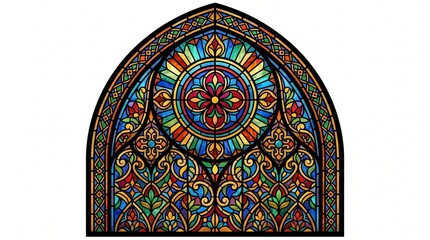 Obraz premium Arched Stained Glass Window: A vibrant and intricate arched stained glass window, featuring a kaleidoscope of colors and decorative patterns.