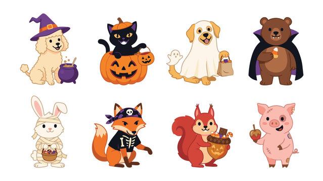 Halloween animal vector illustration set with cute cartoon characters in flat style
