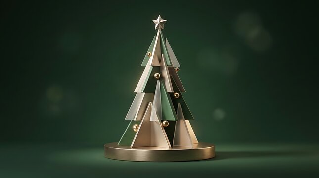 Minimalist metallic christmas tree sculpture isolated on a dark green background for holiday season interior decoration