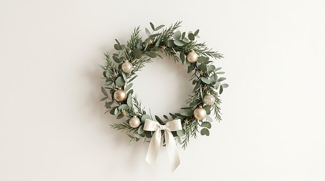 A beautiful handmade christmas wreath made of green pine branches and white ornaments hanging on a plain wall