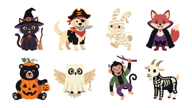 Halloween Animal Vector Illustration Set with Cute Cartoon Characters in Flat Style
