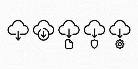 Obraz premium Set of cloud download icons representing data transfer and cloud computing services in a minimalist line style