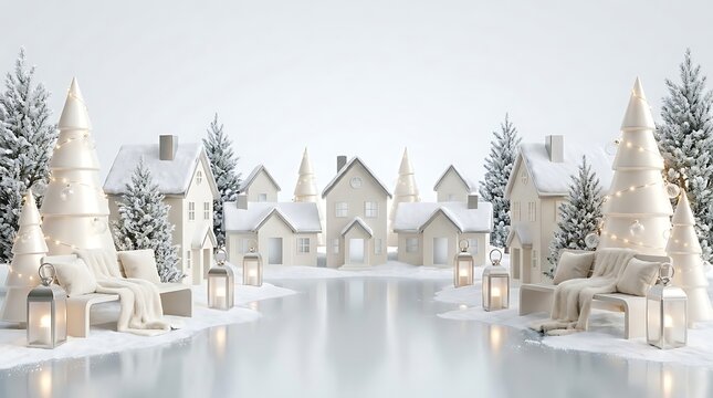 A beautiful winter landscape featuring a charming snow covered village with frozen lake and pine trees