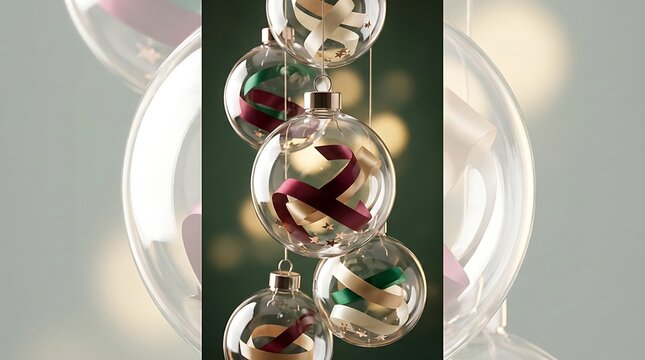 Elegant hanging glass baubles with festive red and green decorations against a blurred dark background