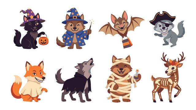Halloween Animal Mascots in Cute Flat Vector Costume Set