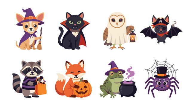 Halloween Animal Mascot Collection - Cute Cartoon Flat Vector Illustration Set for Holiday Designs