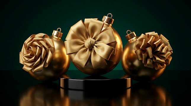 Three elegant gold christmas ornaments with intricate textures displayed on a dark green background for holiday decor