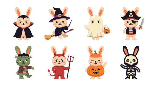 Halloween Animal Mascots in Cute Flat Cartoon Vector Illustration Set