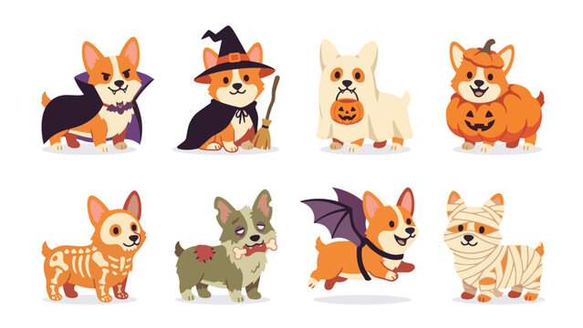 Cute Corgi Dog in Halloween Pumpkin Costume Cartoon Flat Vector Illustration