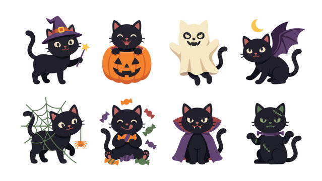 Black Cat Mascot Variations in Clean Cartoon Flat Vector Illustration Set for Halloween Theme