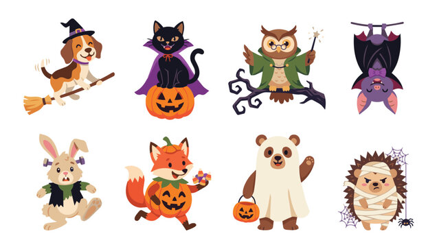 Cute Beagle Dog Halloween Mascot in Flat Vector Cartoon Illustration Set with Spooky Holiday Theme